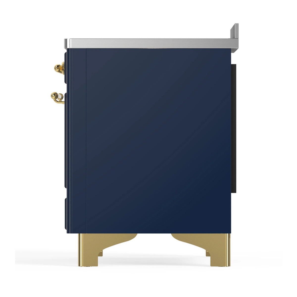 Induction range rear side panel in navy blue with brass trim legs