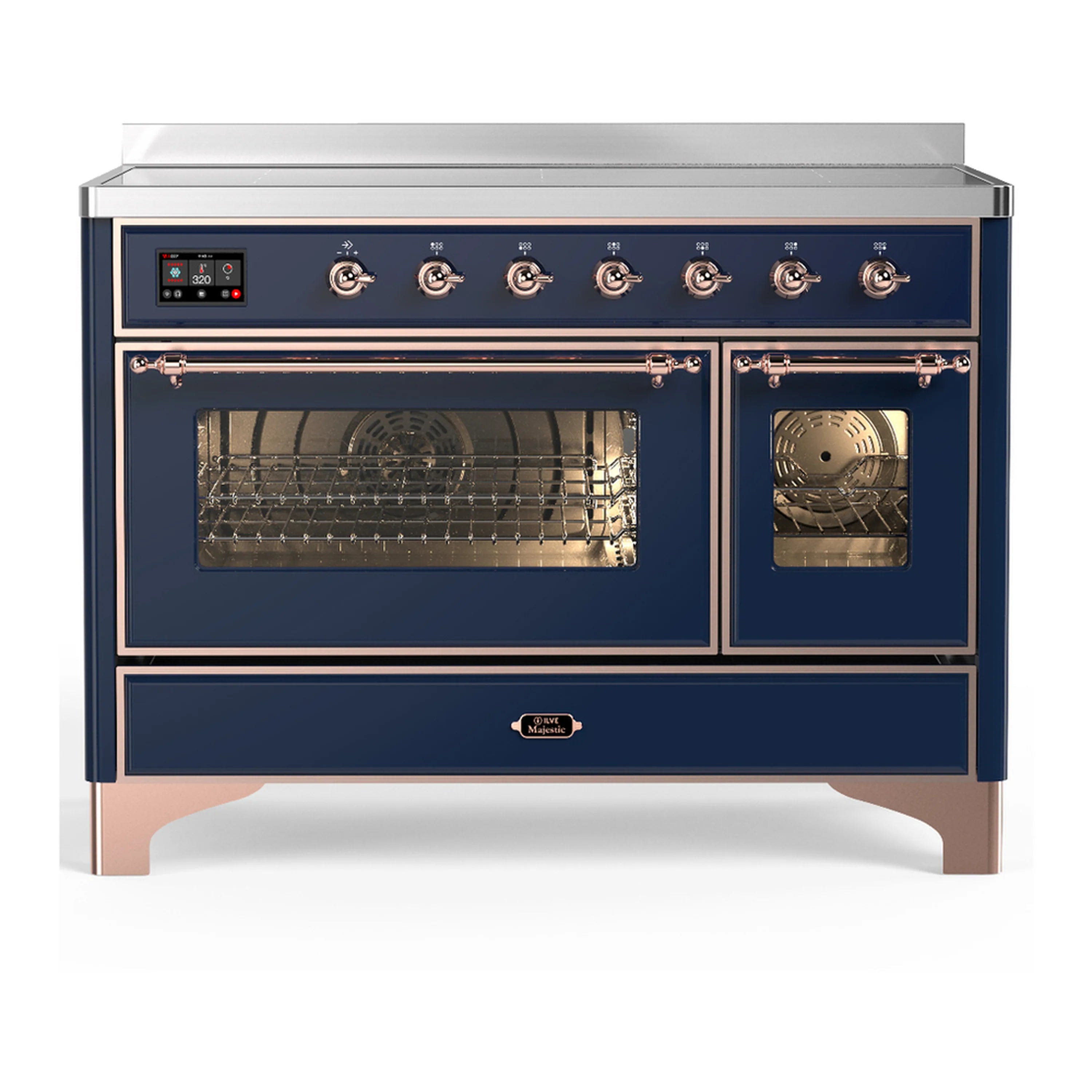 Induction range with midnight blue exterior, copper trim, and two open oven doors