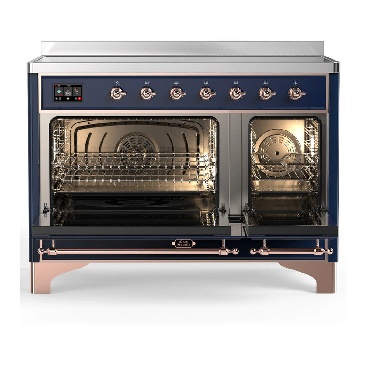 Induction range with midnight blue exterior, copper trim, and visible oven interiors