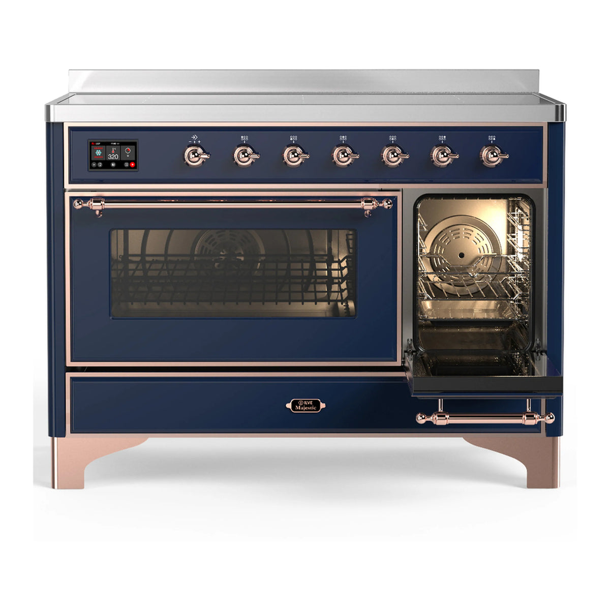 Induction range with midnight blue exterior, copper trim, and one oven door open