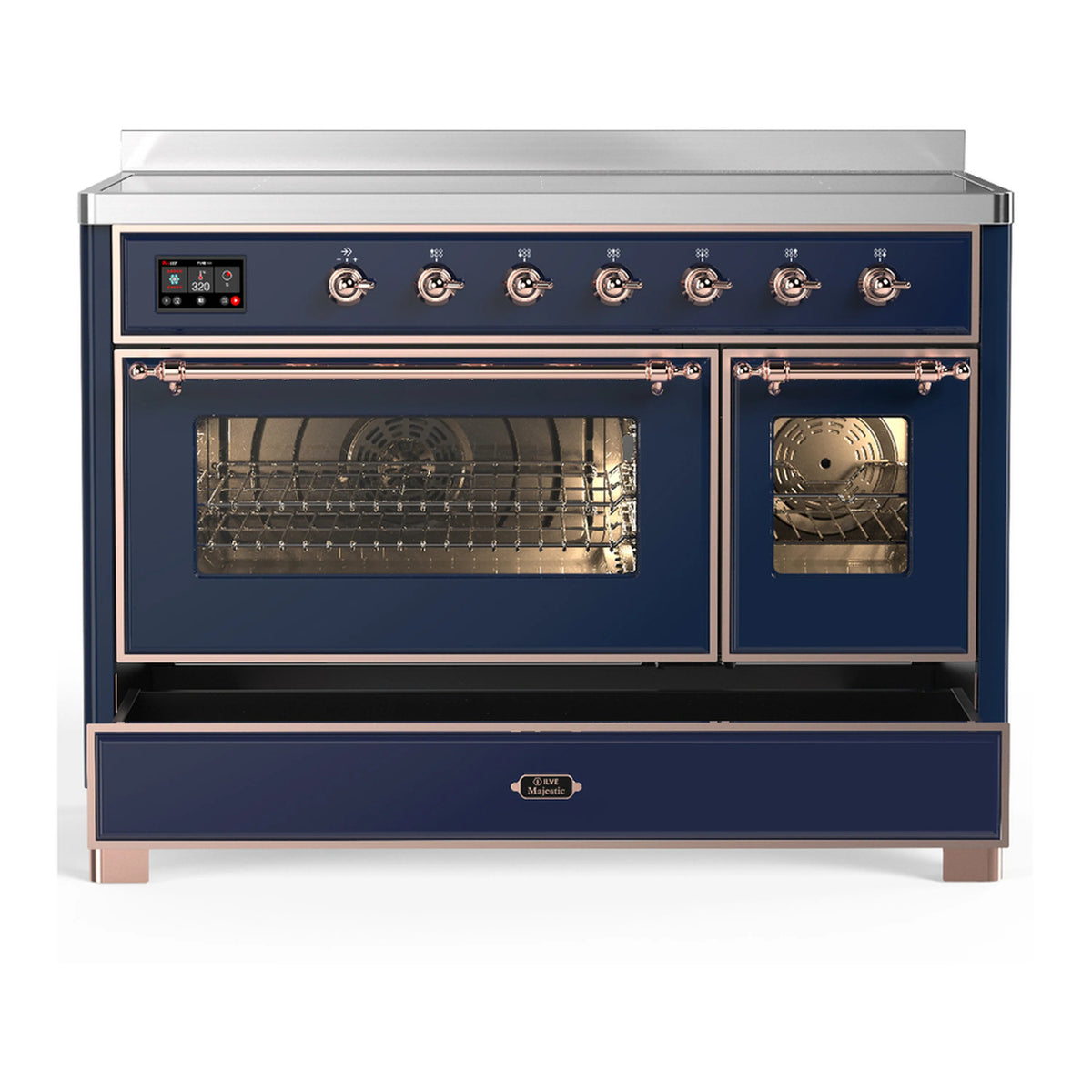 Induction range with midnight blue exterior, copper trim, and two closed oven doors