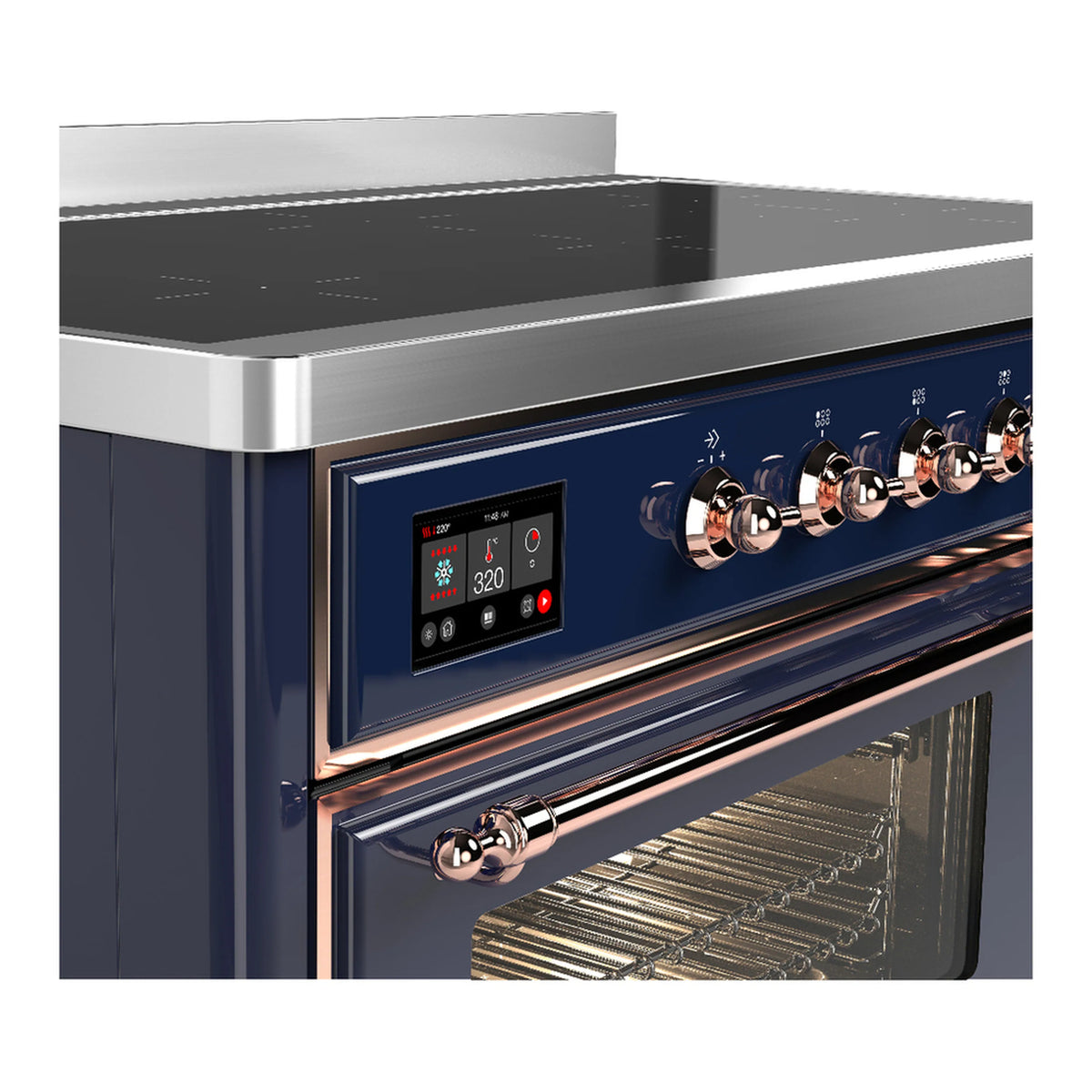 Induction range control panel with copper knobs and digital display