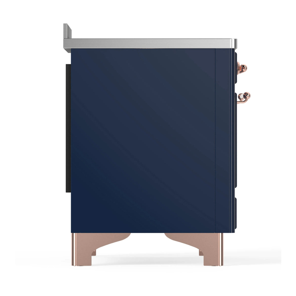 Induction range side view with midnight blue body and copper-trimmed feet