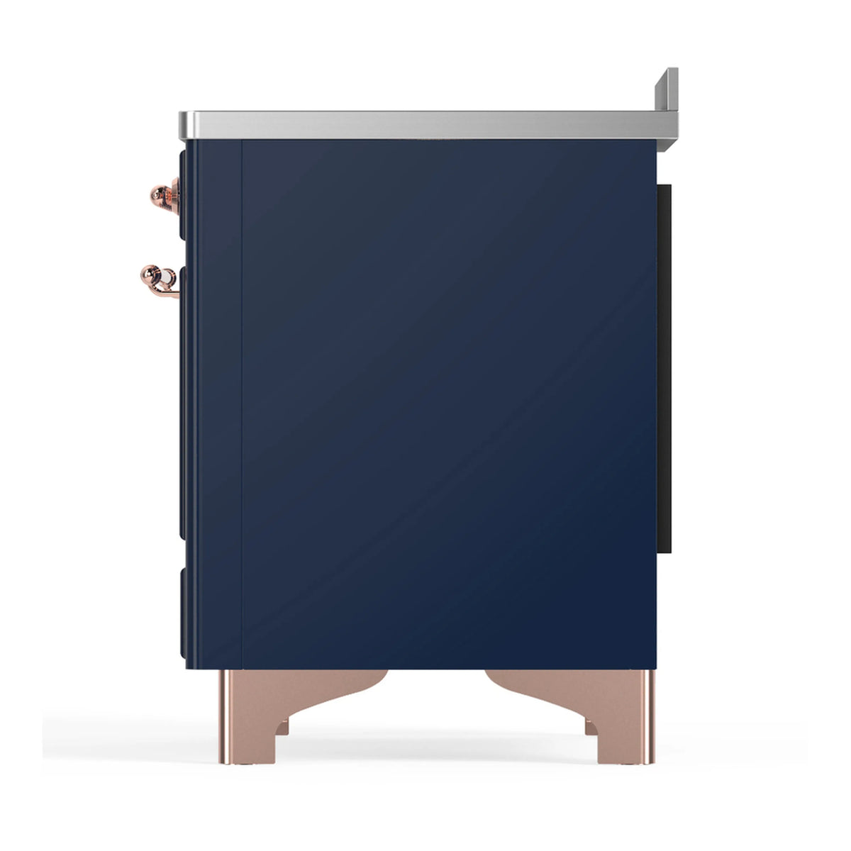 Induction range side view with midnight blue body and copper side handles