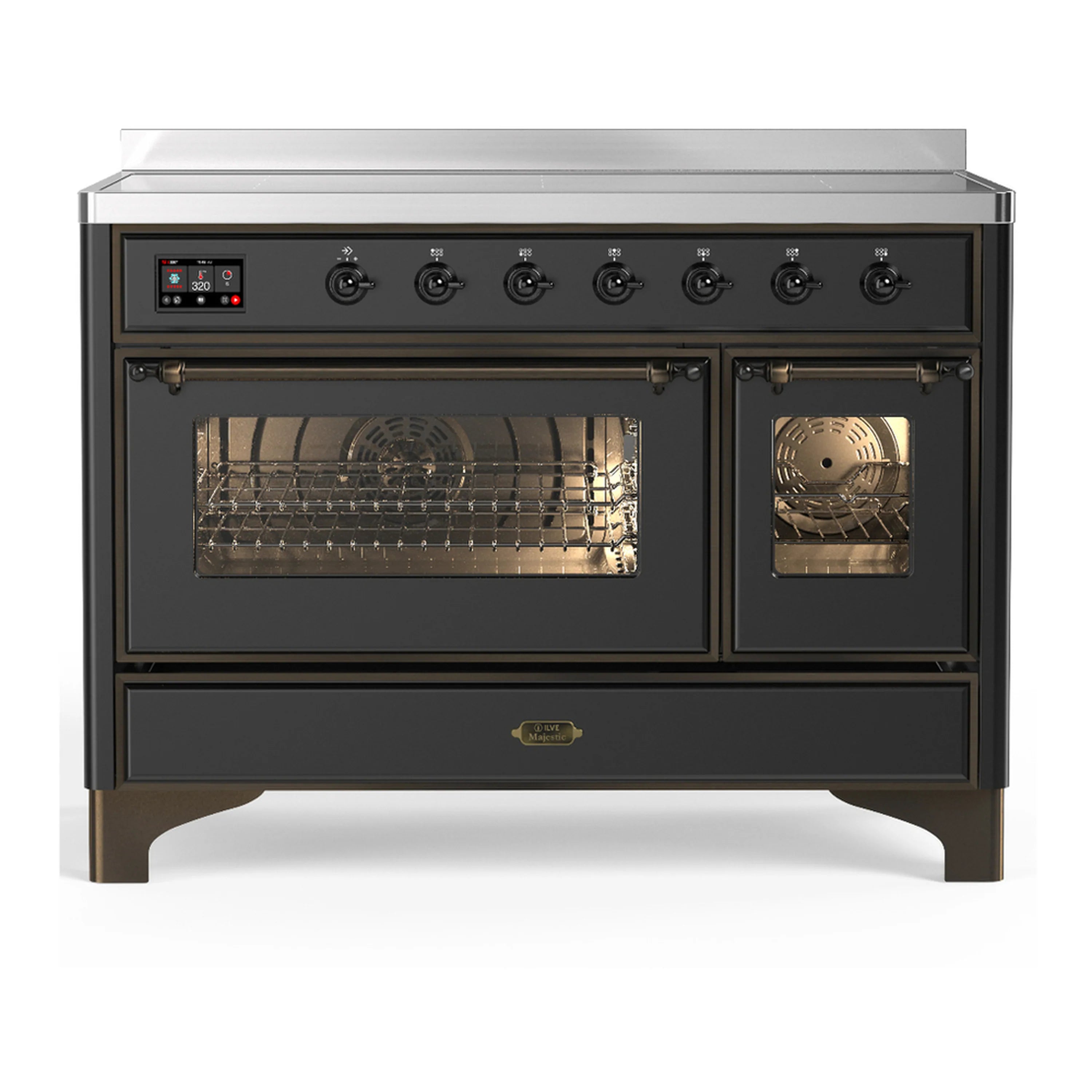 Matte graphite induction range with front controls and one oven door open