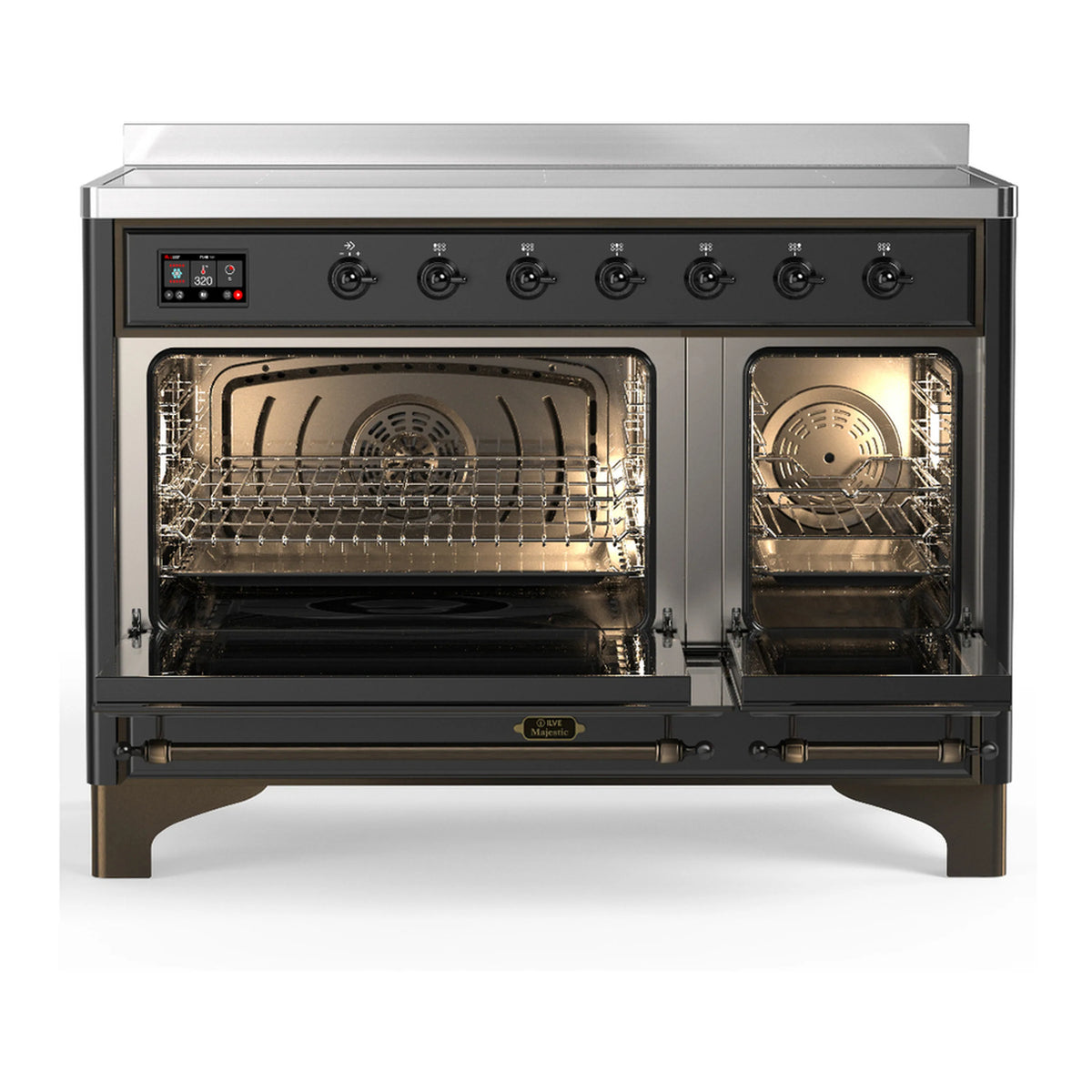 Matte graphite induction range with both oven doors open, racks inside