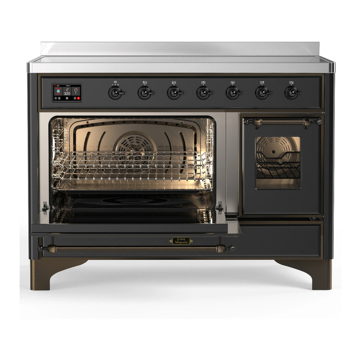 Matte graphite induction range with main oven open and second door open