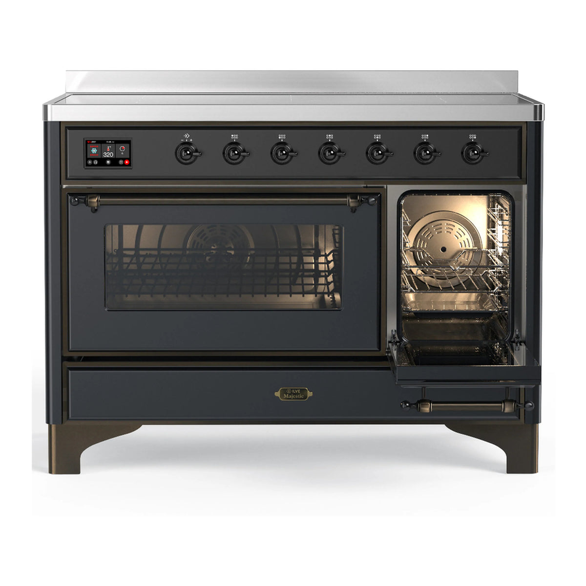 Matte graphite induction range with two oven doors and large glass window