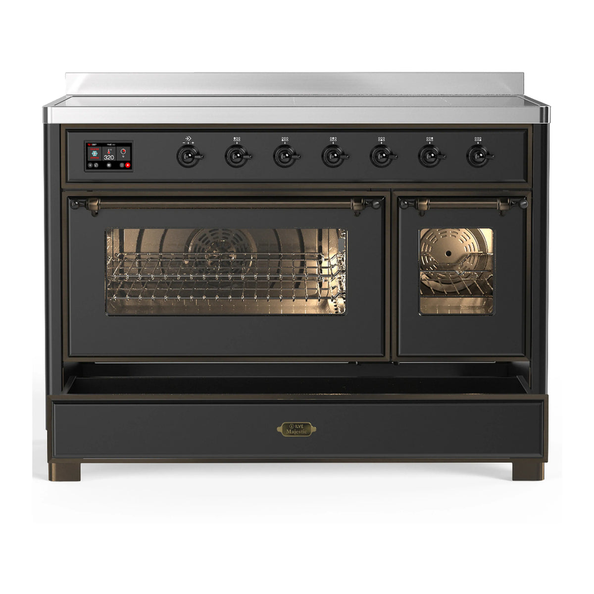 Matte graphite induction range with one oven door open and front control panel