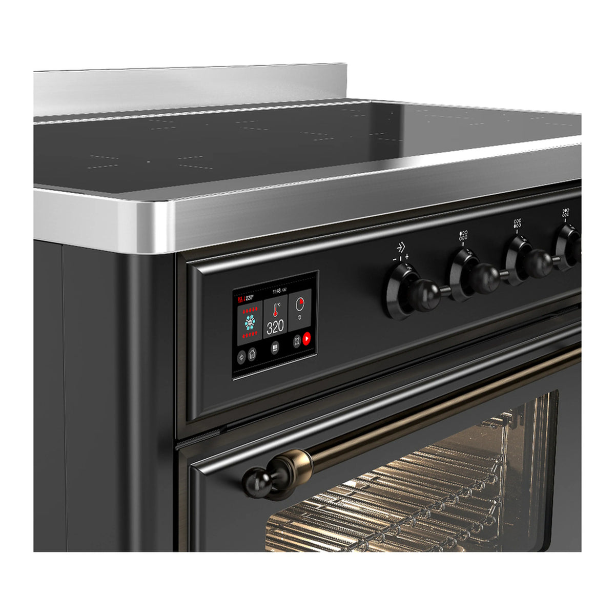 Matte graphite induction range control panel with display and rotary knobs