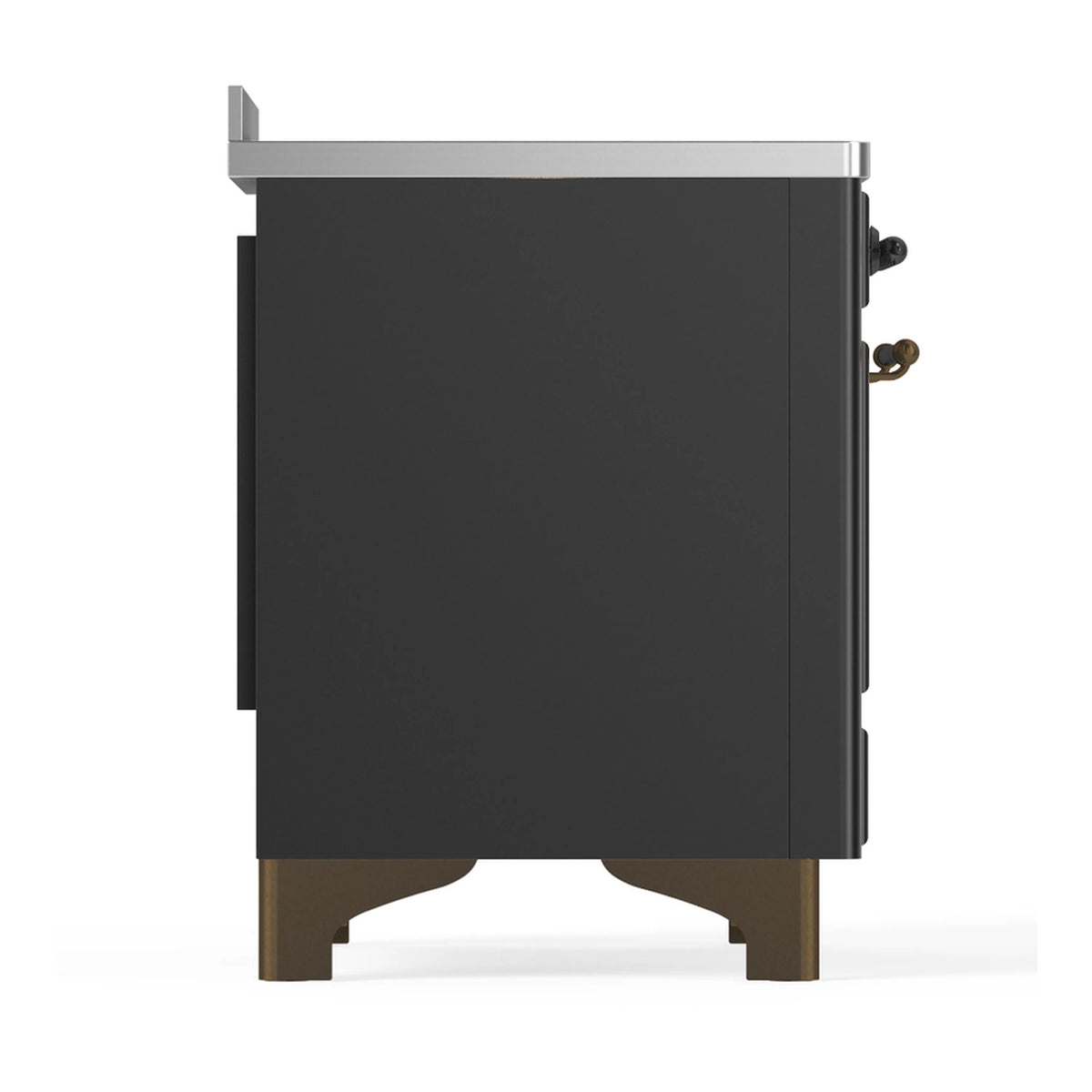 Matte graphite induction range side panel with gold-toned leveling feet