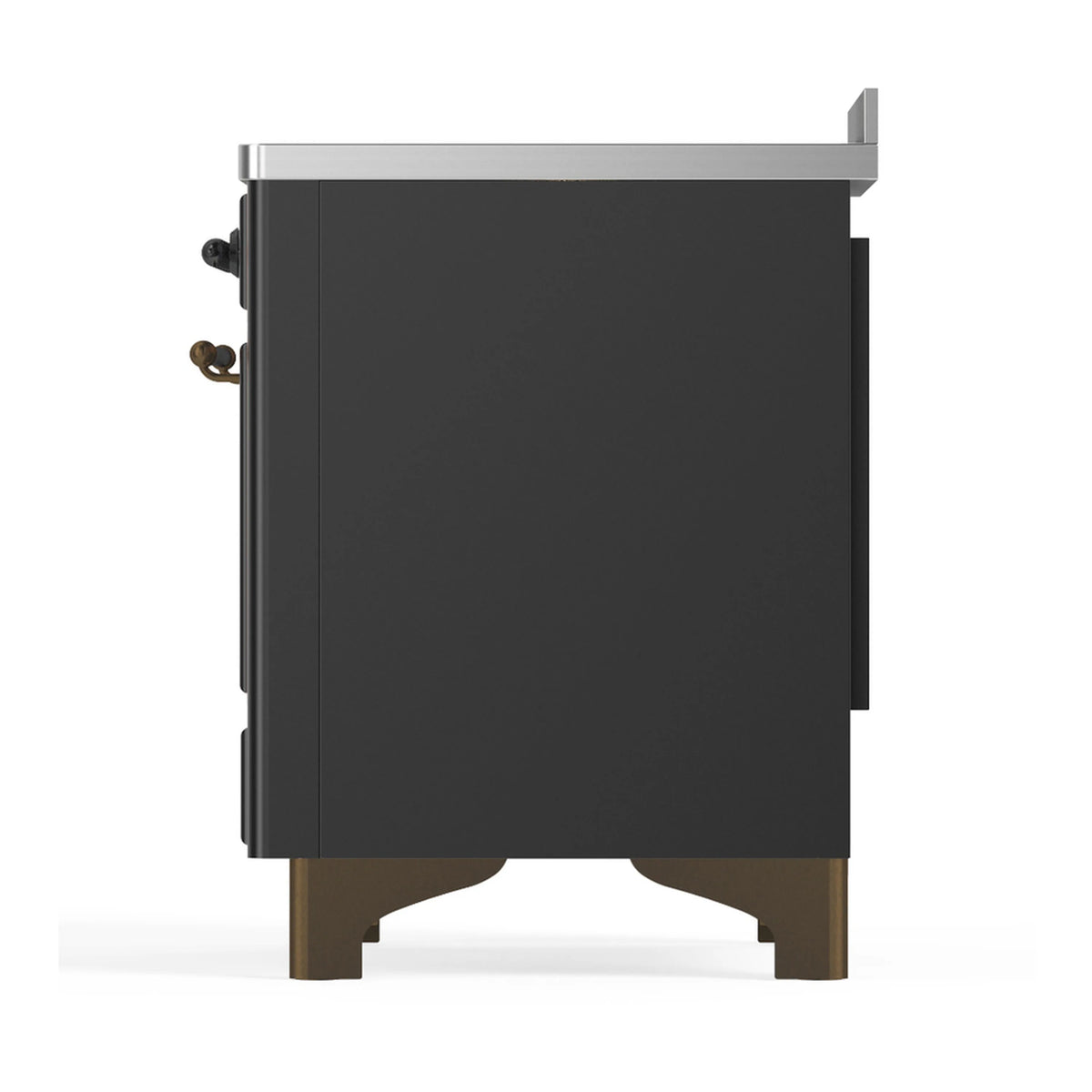 Matte graphite induction range rear panel with gold-toned leveling feet