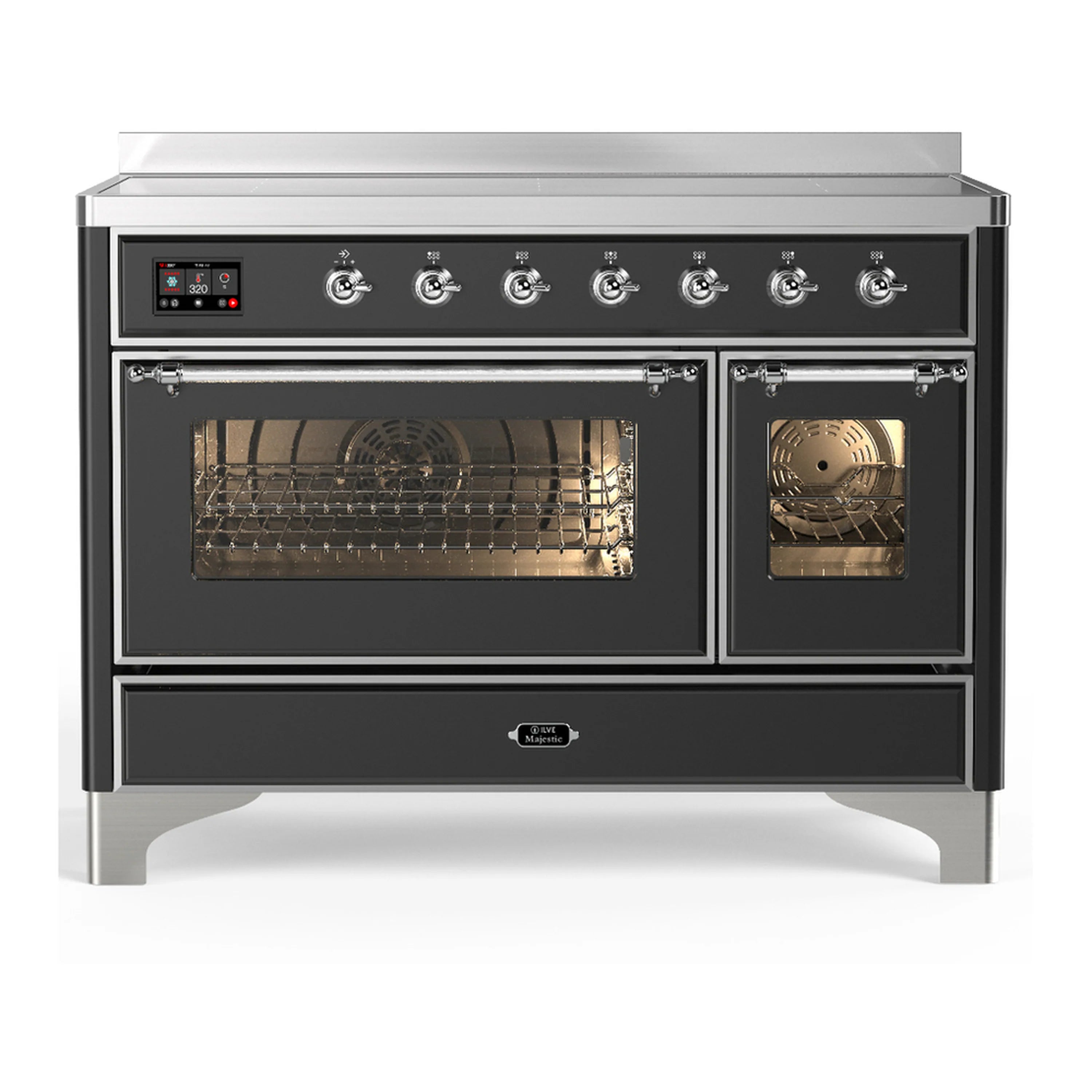 Matte graphite electric induction range with open dual ovens and chrome control knobs