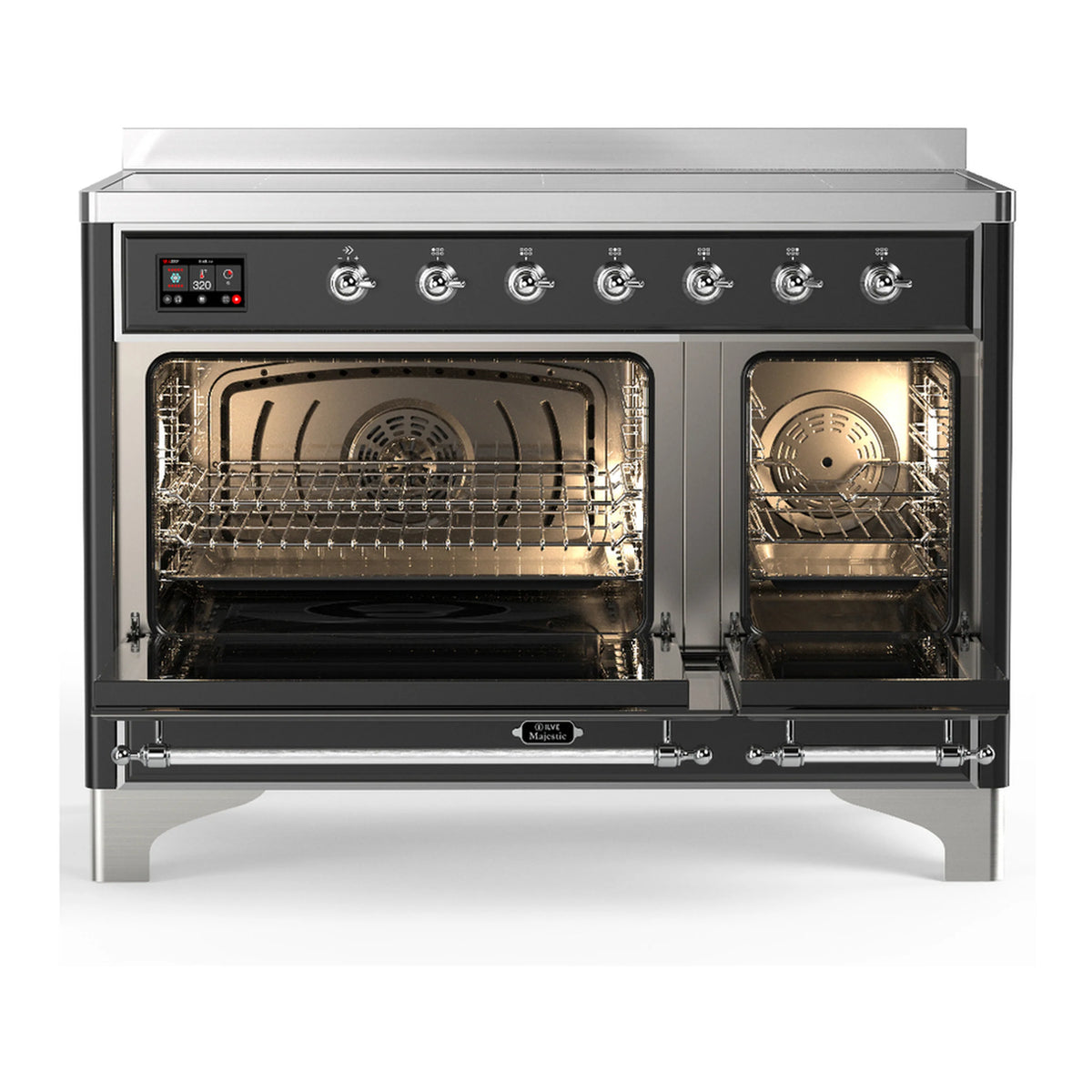 Matte graphite induction range with two oven doors open, racks and lighting visible