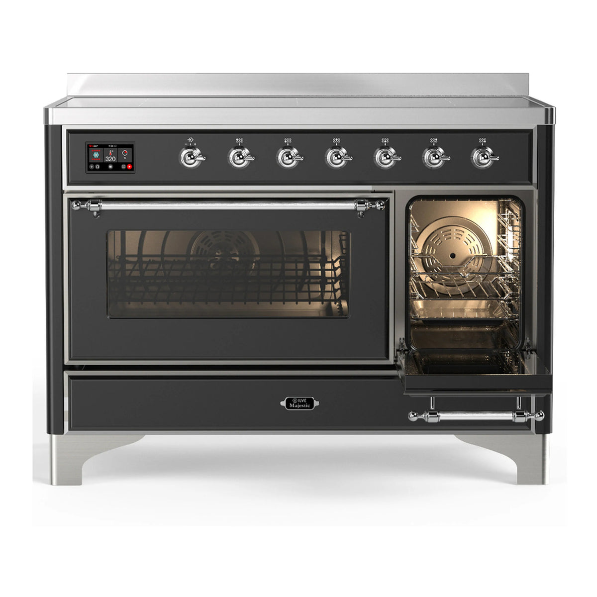 Matte graphite induction range with open oven doors, racks and back fan visible