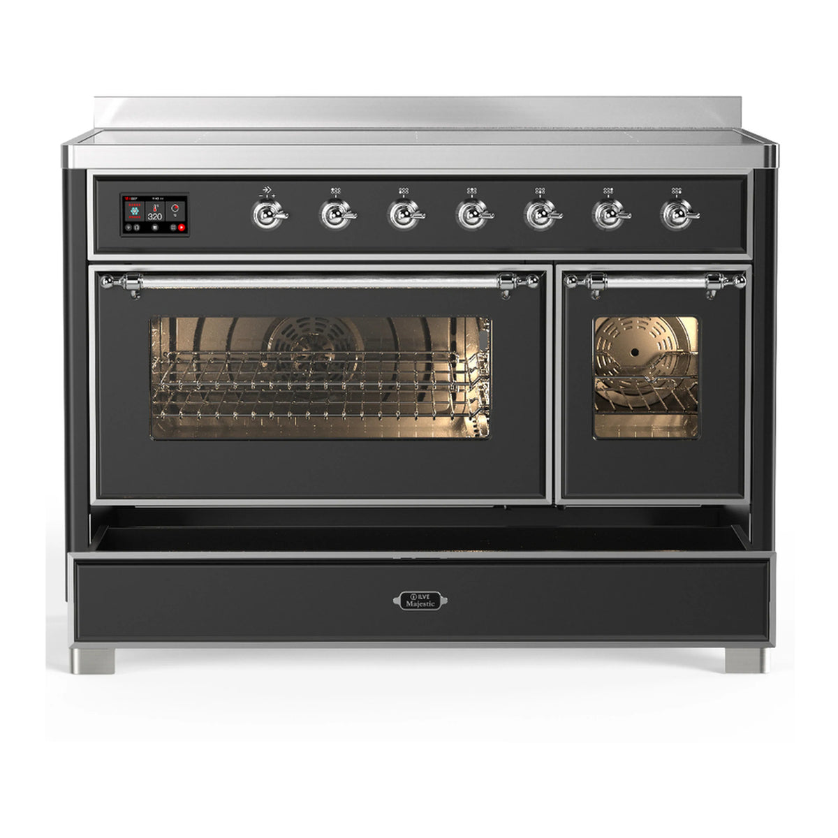 Matte graphite electric induction range with both oven doors open and chrome accents