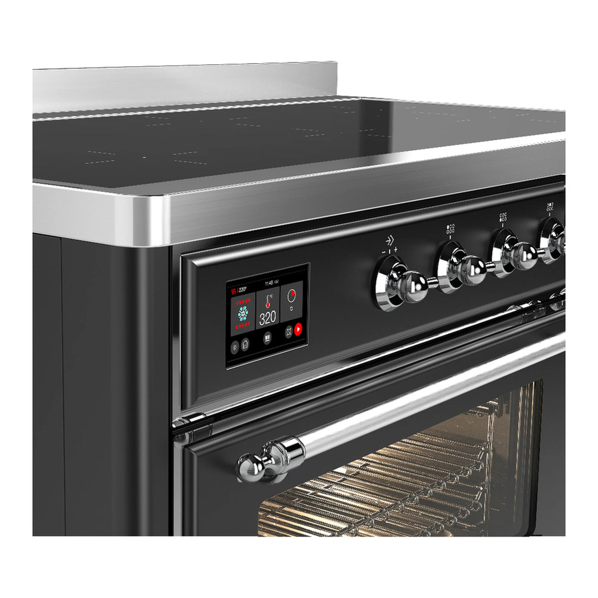 Matte graphite range control panel with chrome knobs and open oven door
