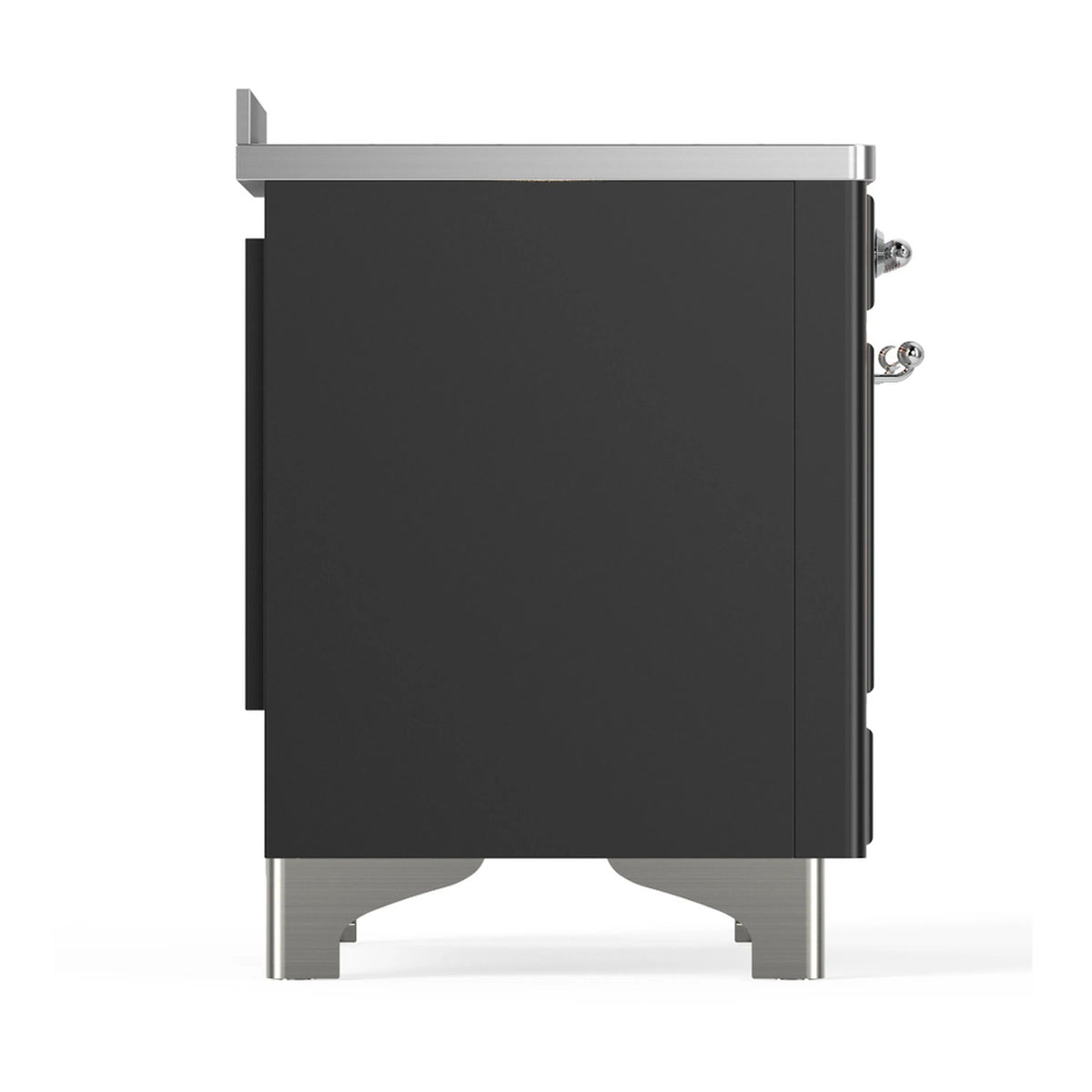 Matte graphite range side panel with chrome trim and adjustable feet