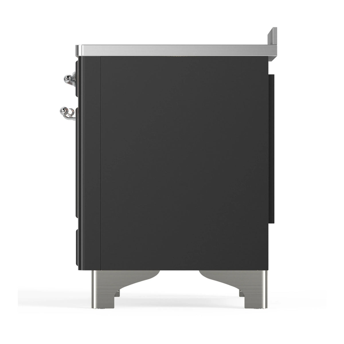 Matte graphite range back panel view with chrome trim and stabilizing feet