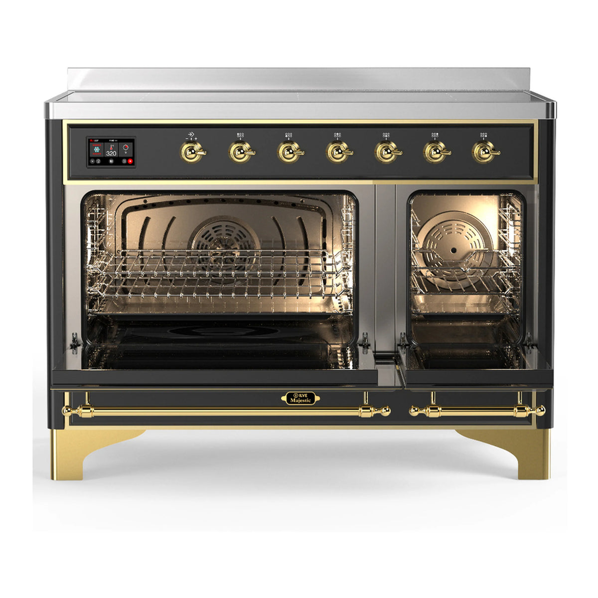 Matte graphite induction range with brass handles, two open oven compartments, and racks
