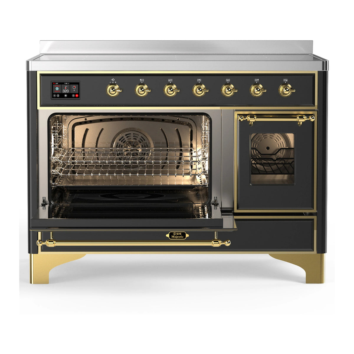 Matte graphite induction range with brass trim, open oven racks, and side glass door