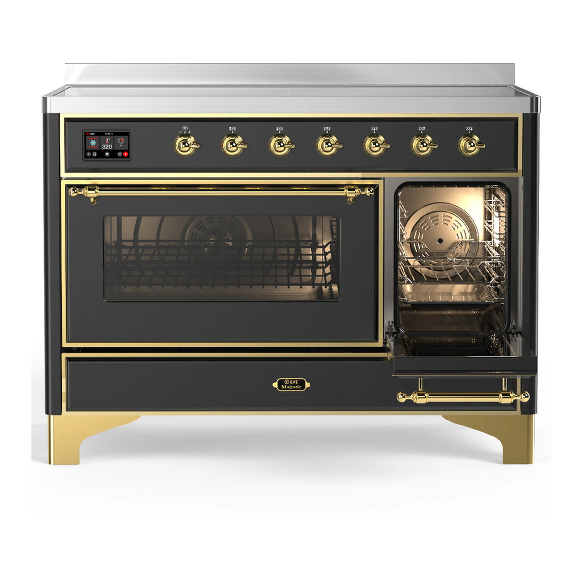 Matte graphite induction range with brass trim, oven door windows, and open lower drawer