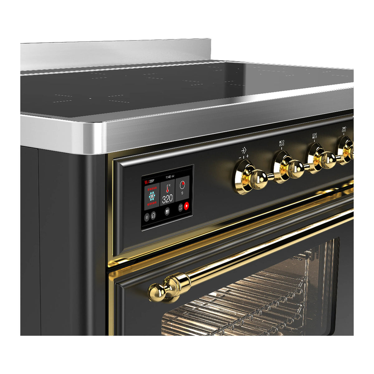 Matte graphite oven control display with brass knobs and open oven interior rack