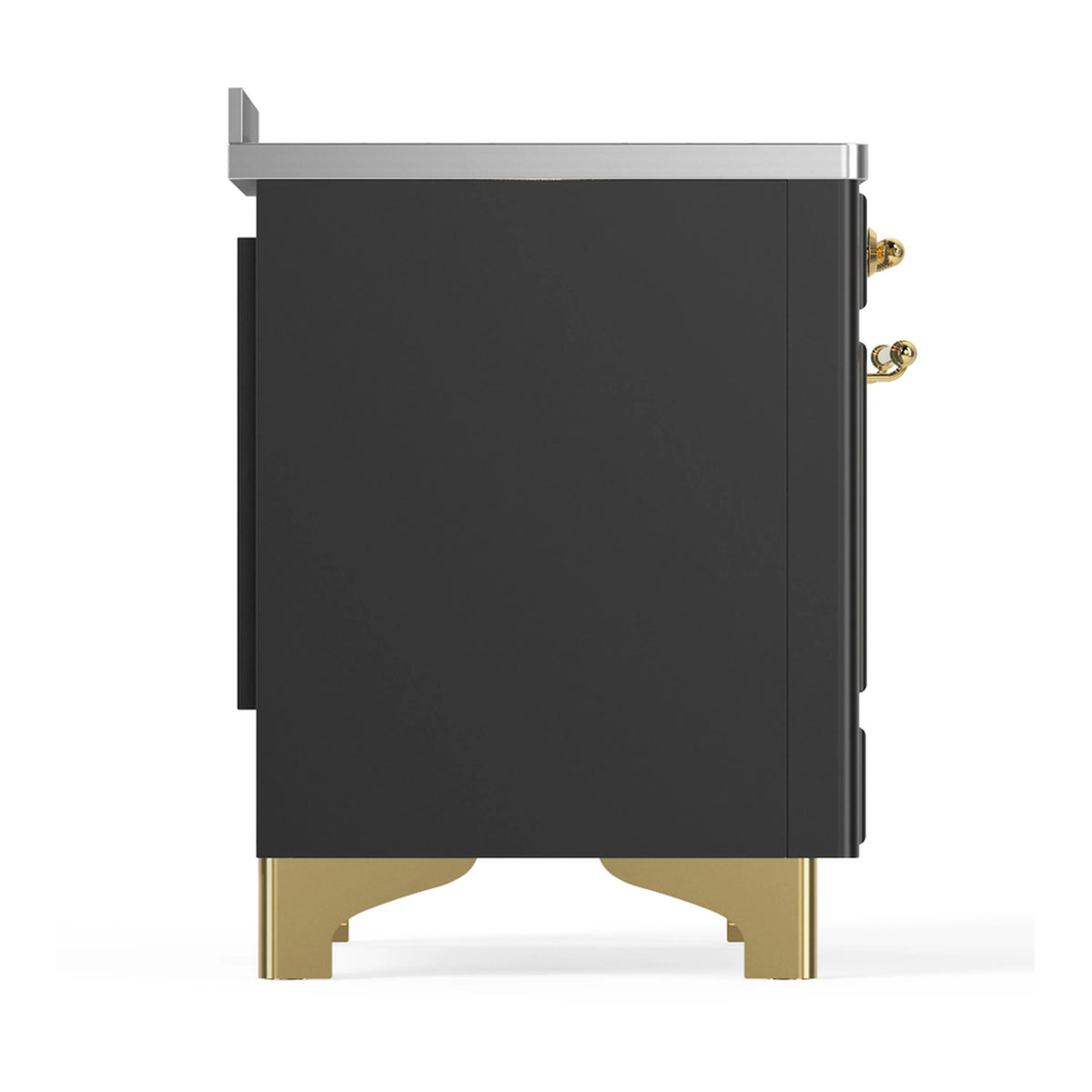 Matte graphite side panel with brass trim and raised feet on a kitchen range