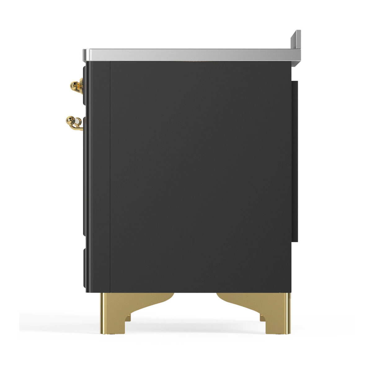 Matte graphite rear side panel with brass trim feet on an induction range