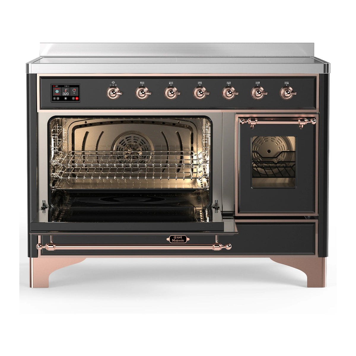Matte graphite induction range with copper trim, oven doors open with racks and convection fan visible