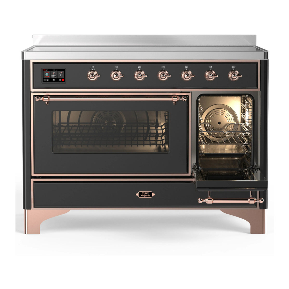 Matte graphite induction range with copper trim, large oven window open and smaller oven bay
