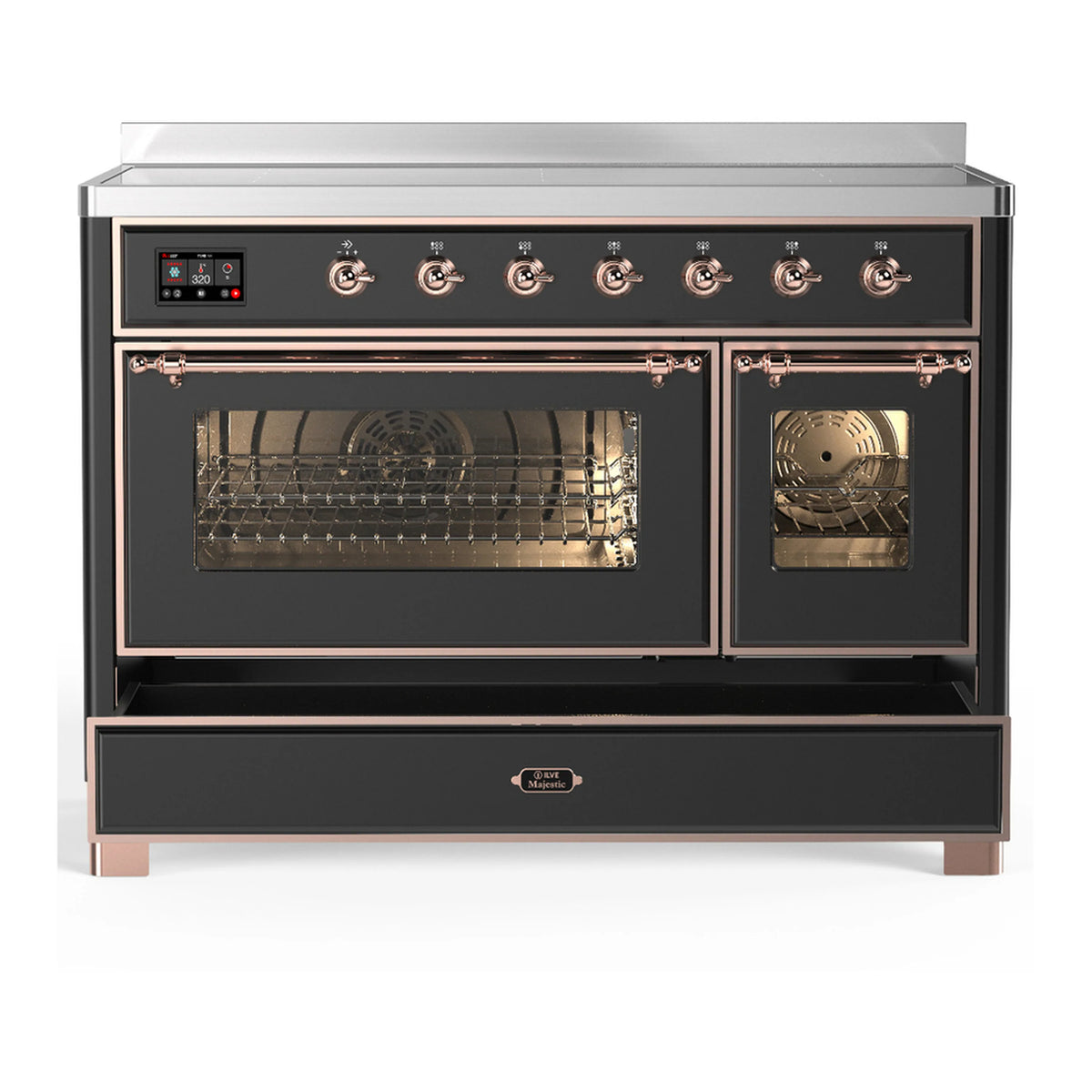 Matte graphite induction range with copper trim, double oven doors open showing wire racks and fan