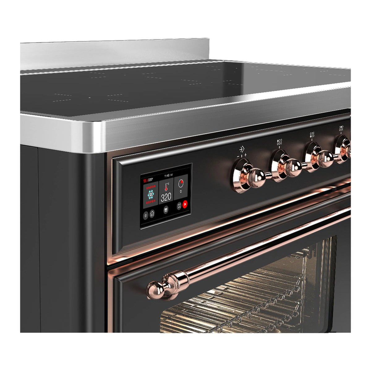 Matte graphite induction range control panel and copper knobs beside open oven interior