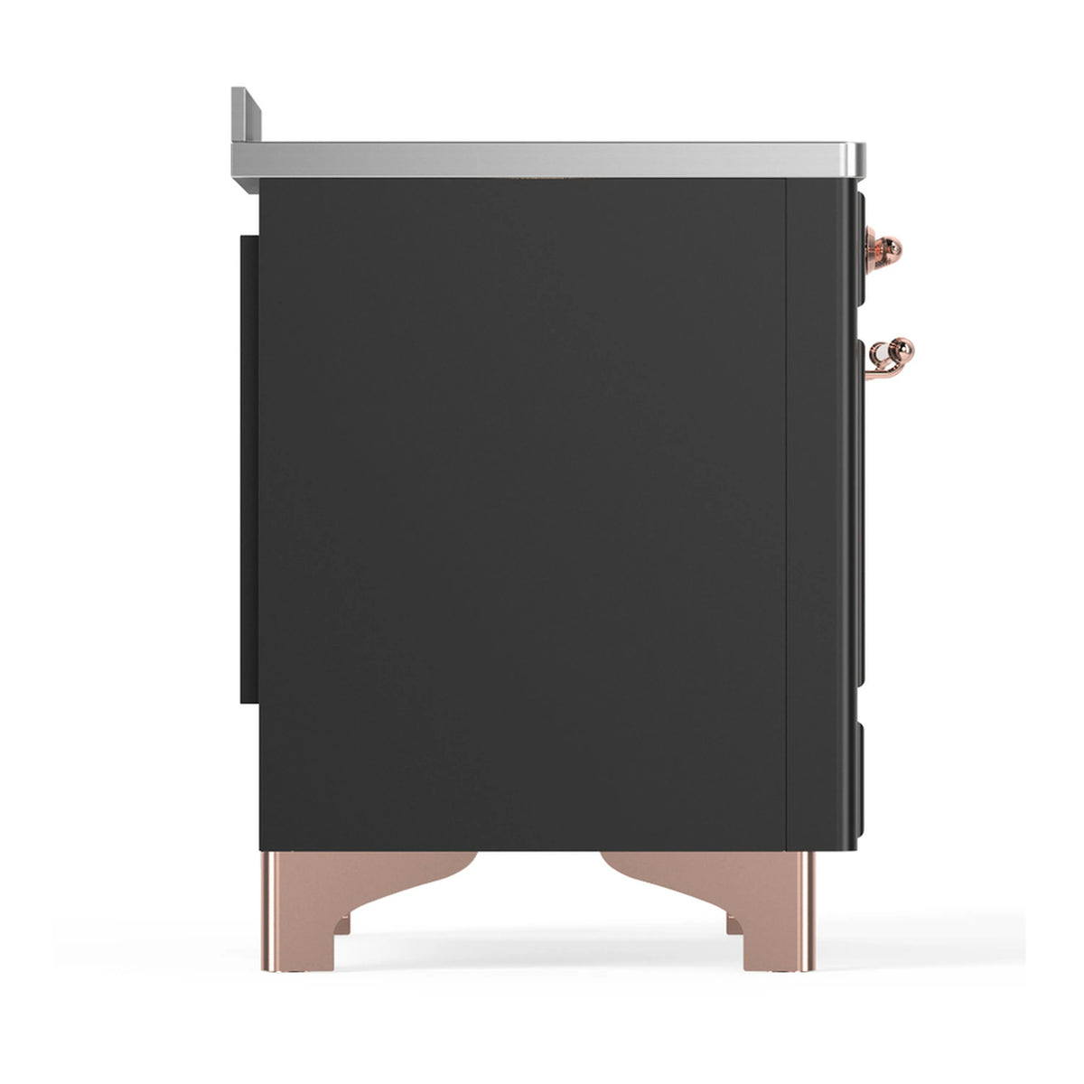 Matte graphite induction range rear-side view with copper trim feet and stainless top