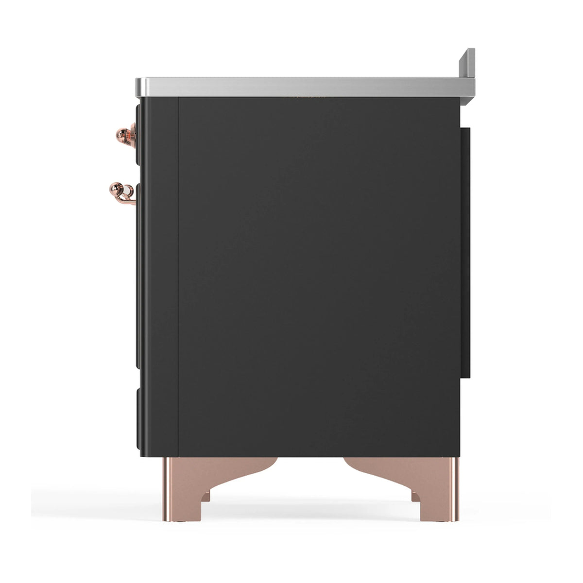 Matte graphite induction range side view with copper accents and stainless top trim