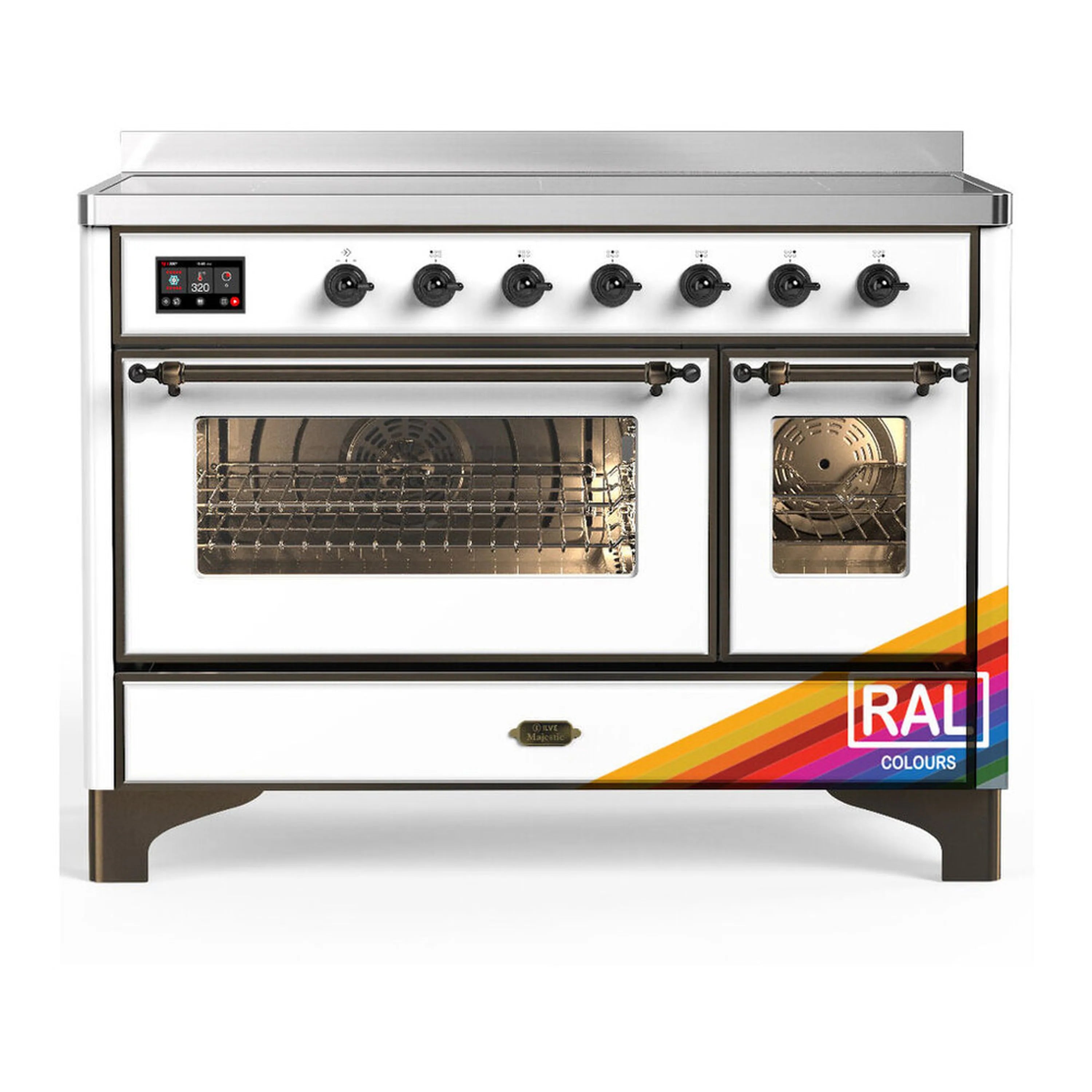 Induction range with two glass oven doors, stainless trim, RAL burnished accents