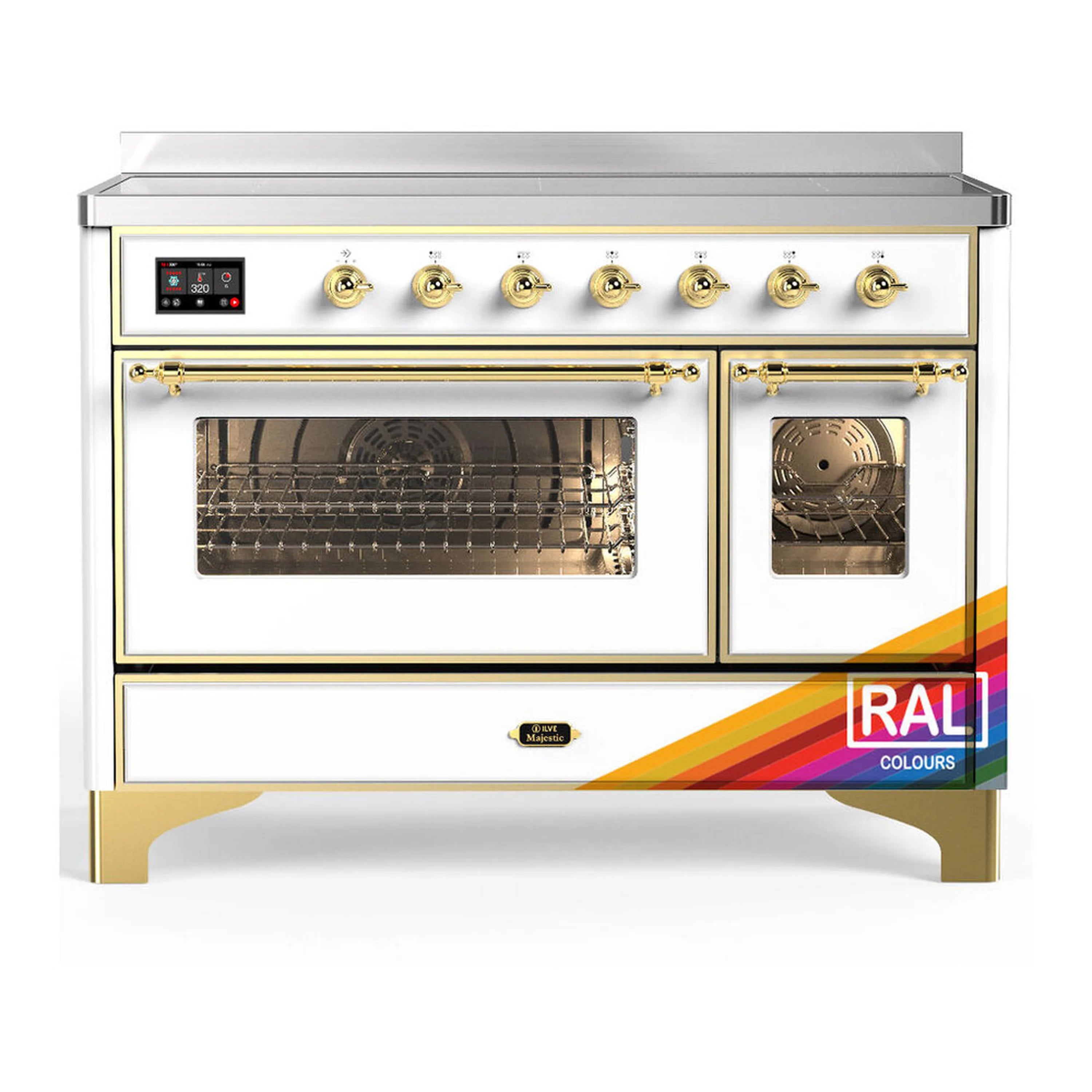 Brass-trim induction range with two oven doors and glass windows, cream RAL finish