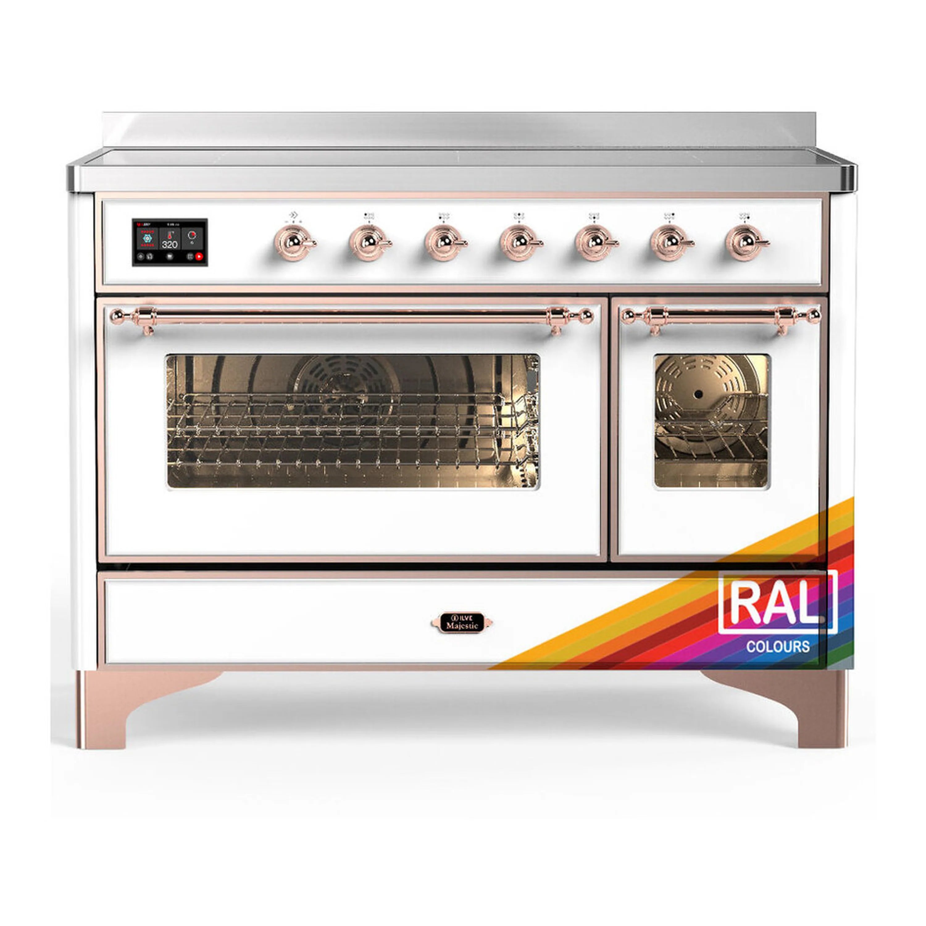 Induction range with copper-trimmed white body, six cooktop zones, and triple-glass oven doors