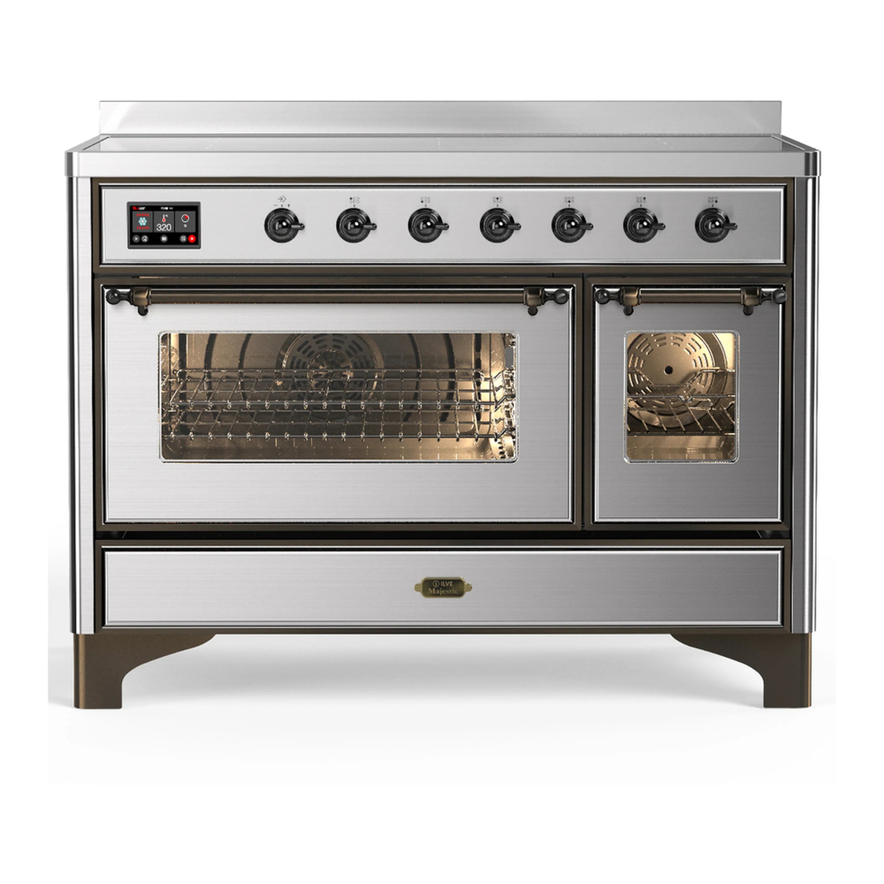 Stainless steel induction range with two oven doors and a visible oven interior rack