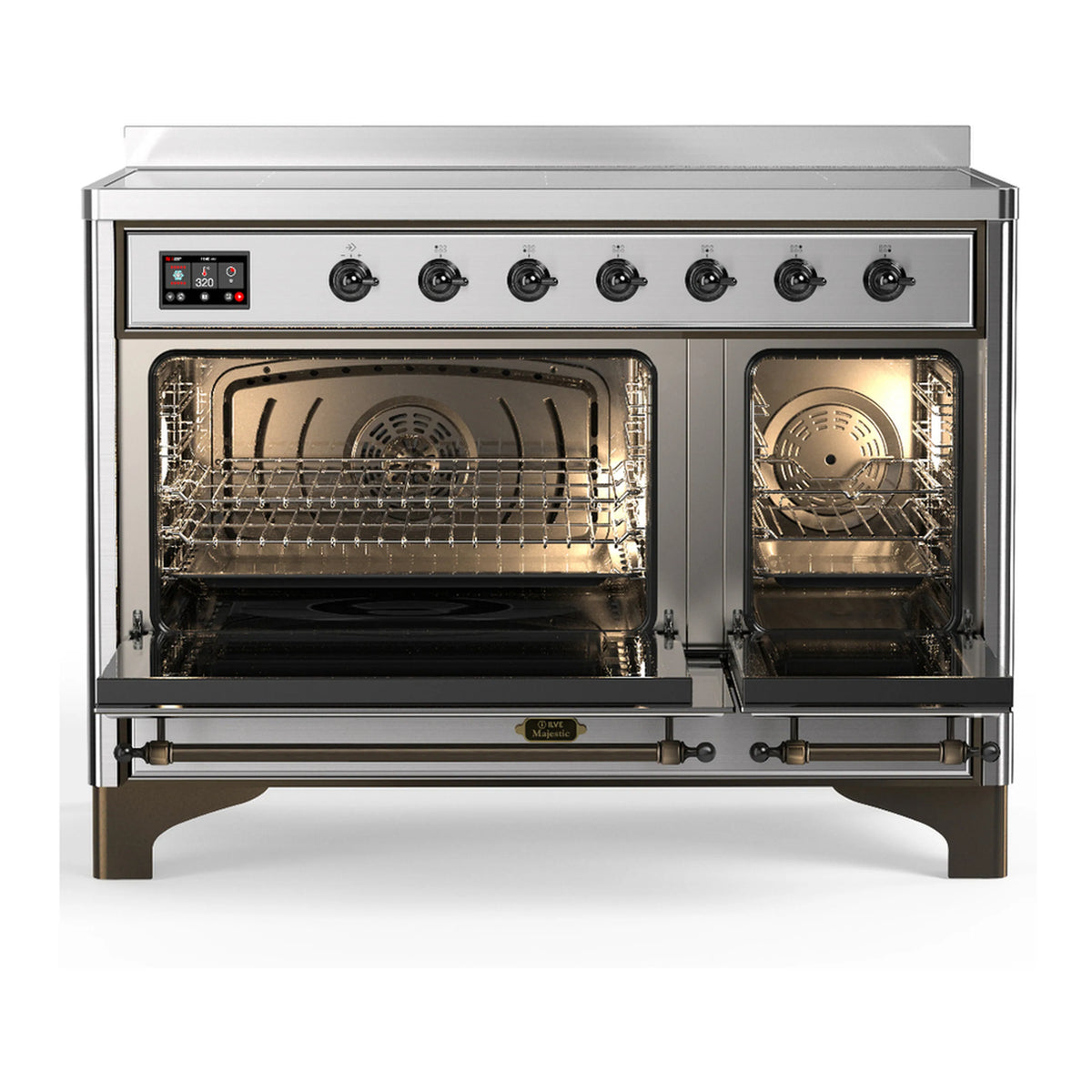 Stainless steel induction range with open oven doors, glass windows, and wire racks