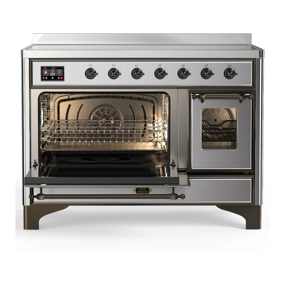 Stainless steel induction range with open oven doors and two illuminated oven interiors