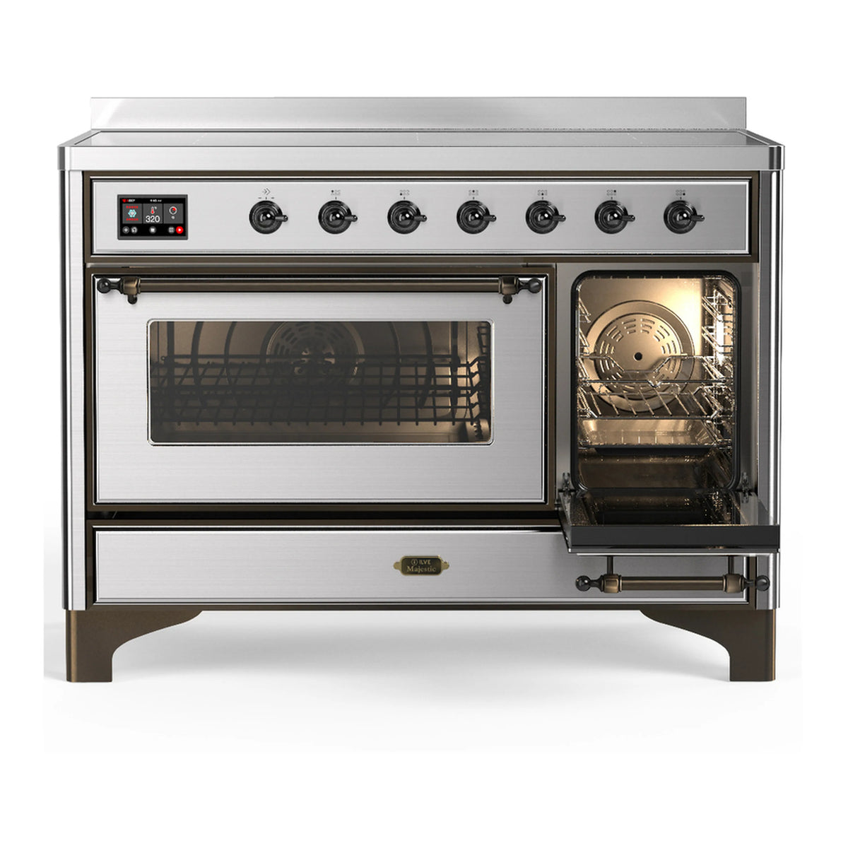 Stainless steel induction range with one oven door closed and one open glass door