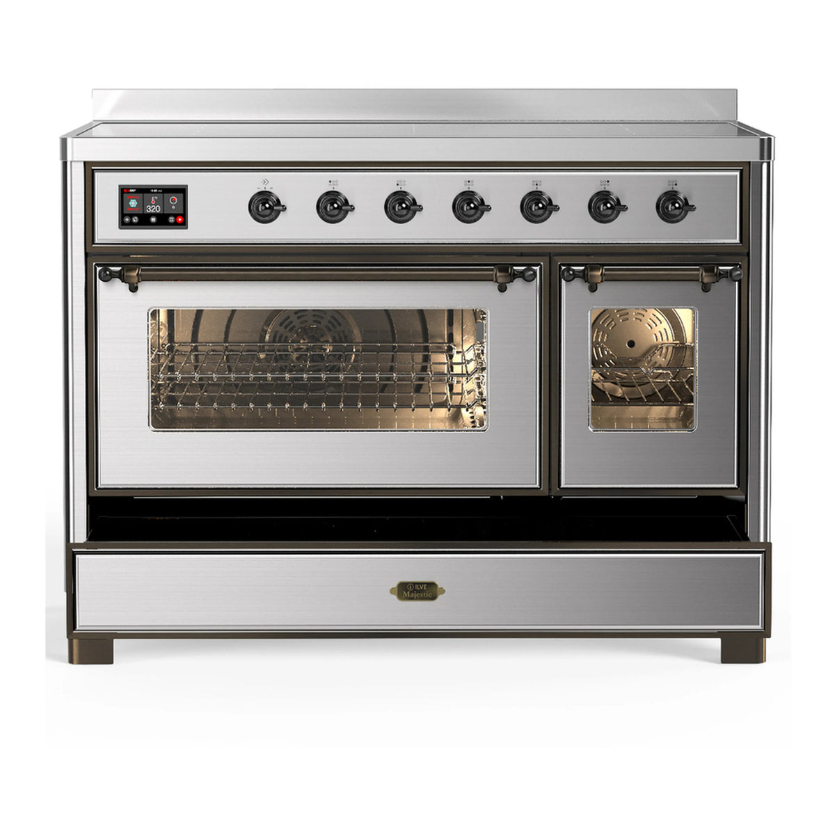 Stainless steel induction range with two oven doors and a lower storage drawer