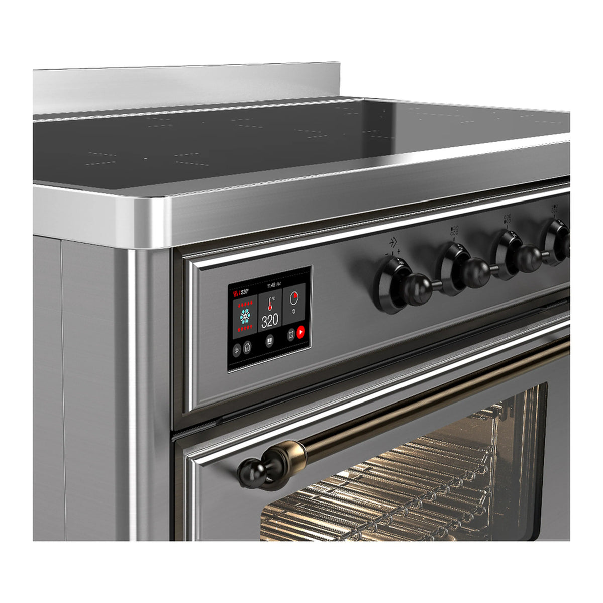Stainless steel induction range control panel with display and black knob controls
