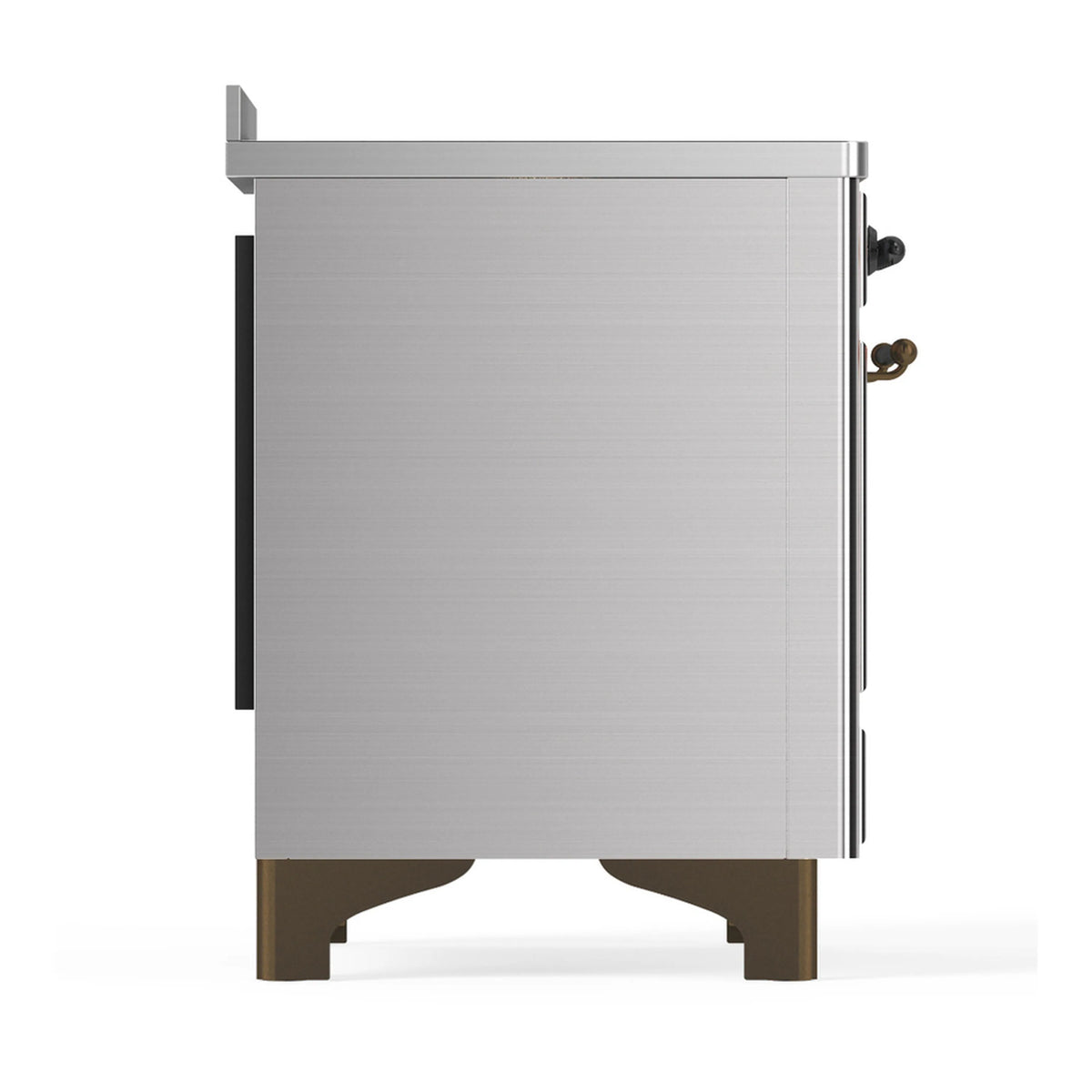 Stainless steel induction range side/back view with vented panel and dark side edges