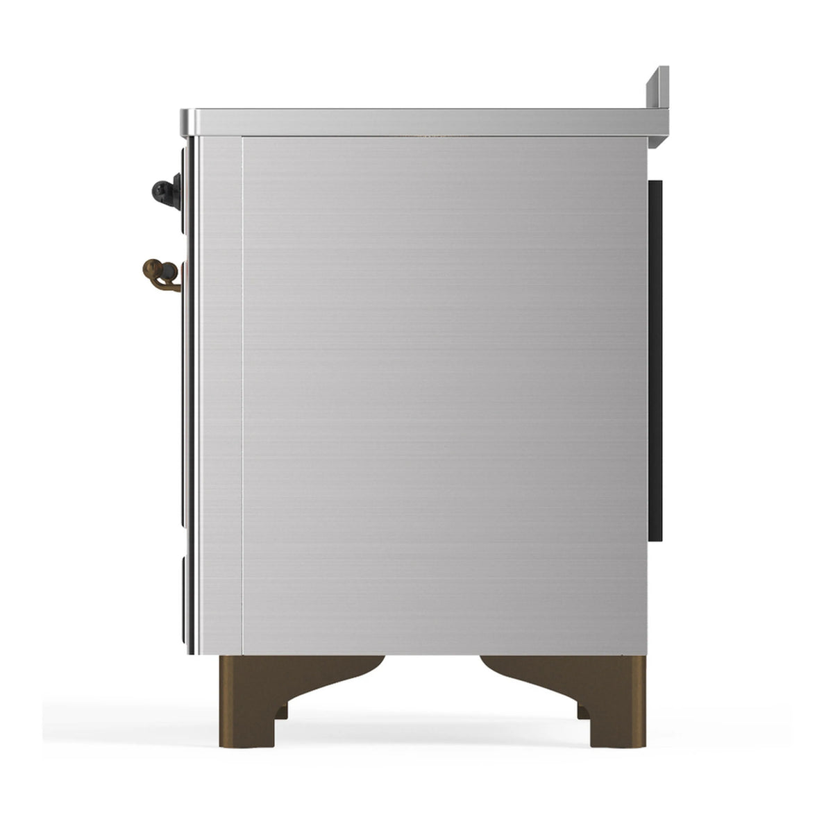 Stainless steel induction range rear-side view with side handles and dark corner panels