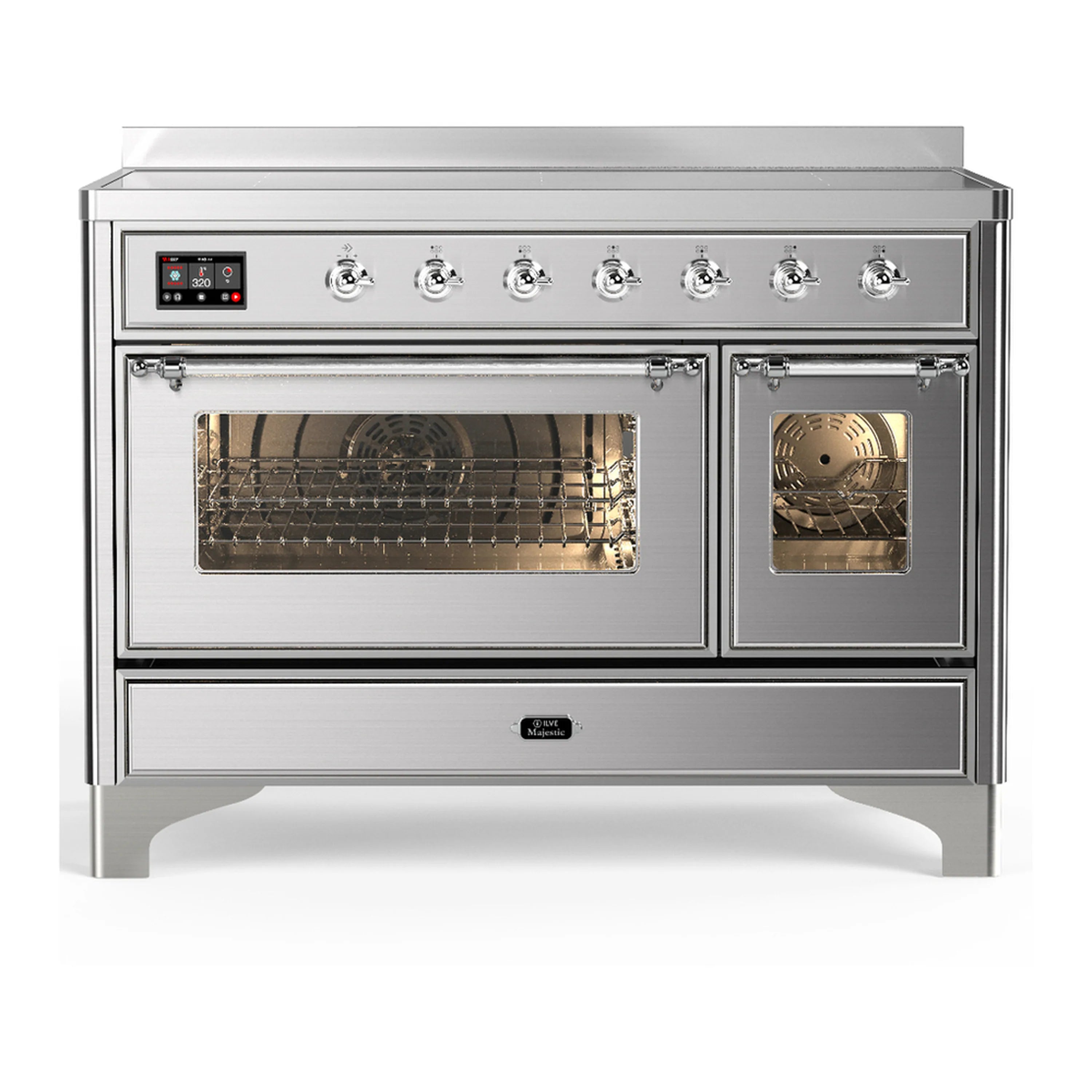 Stainless steel induction range with chrome trim, double oven doors, and open oven cavity