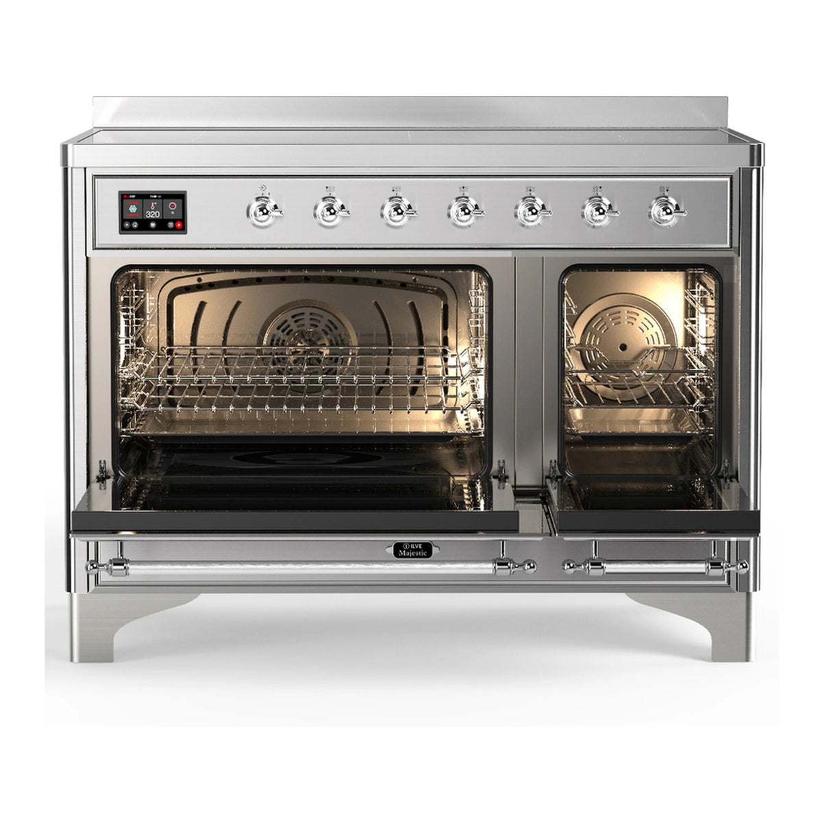 Stainless steel induction range with open triple glass oven doors, racks, and interior fan