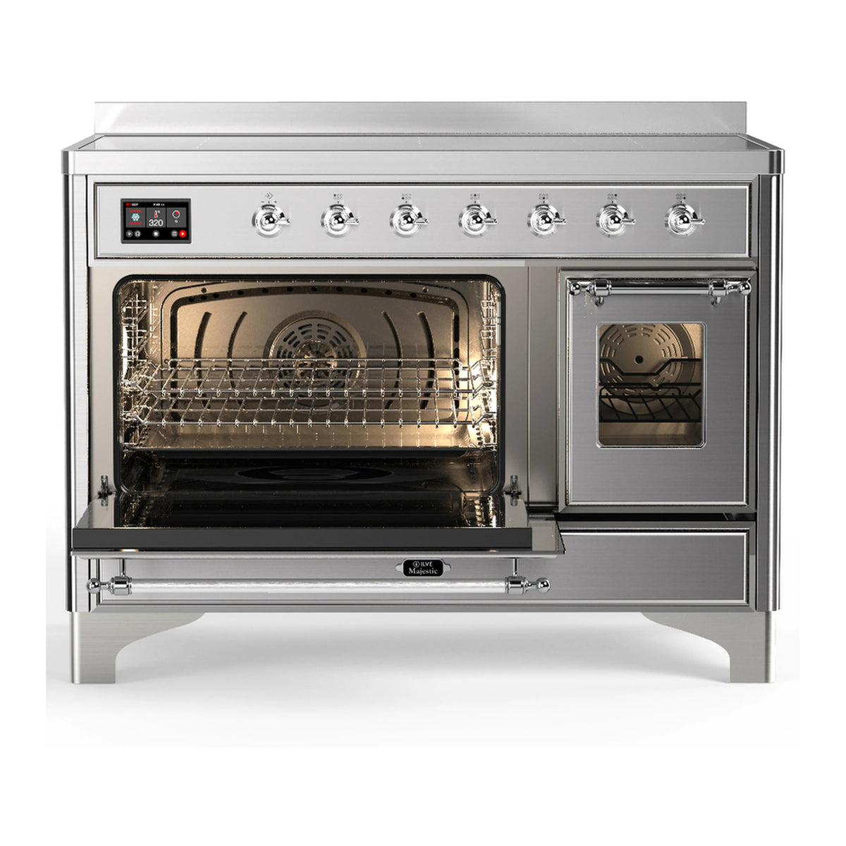 Stainless steel induction range with chrome-trimmed oven doors and visible oven rack interior