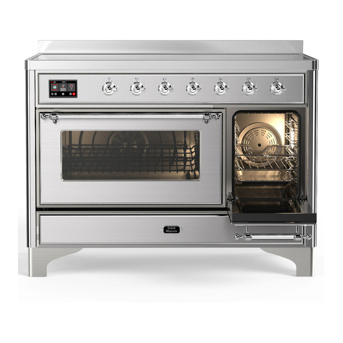 Stainless steel induction range with open oven door and illuminated right-side oven cavity